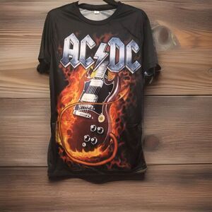 AC/DC Thunderstruck T-Shirt Men's Large Black Flaming Guitar AOP Rock Band Tee